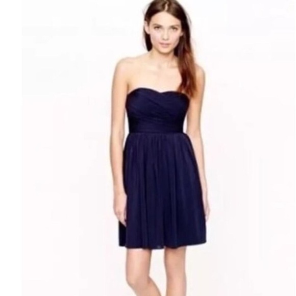 J. Crew Arabelle Size 14 Dress Navy Silk Chiffon Formal Bridesmaid Strapless - Picture 1 of 9